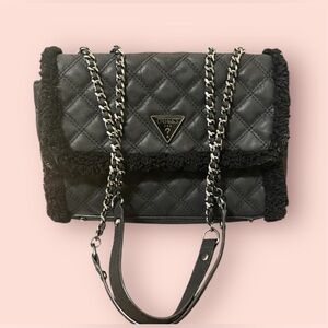 Guess Black Quilted Shoulder Bag with Chain Straps